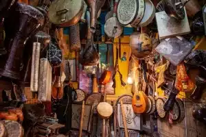 a room full of traditional moroccan musical instruments is a must see in Essaouira