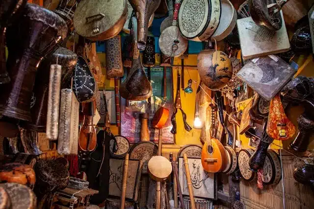 a room full of traditional moroccan musical instruments is a must see in Essaouira 