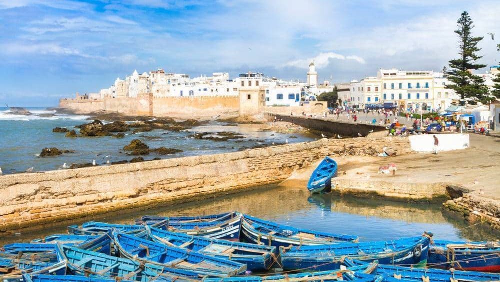 Blue fishing boats at Essaouira harbor, Morocco