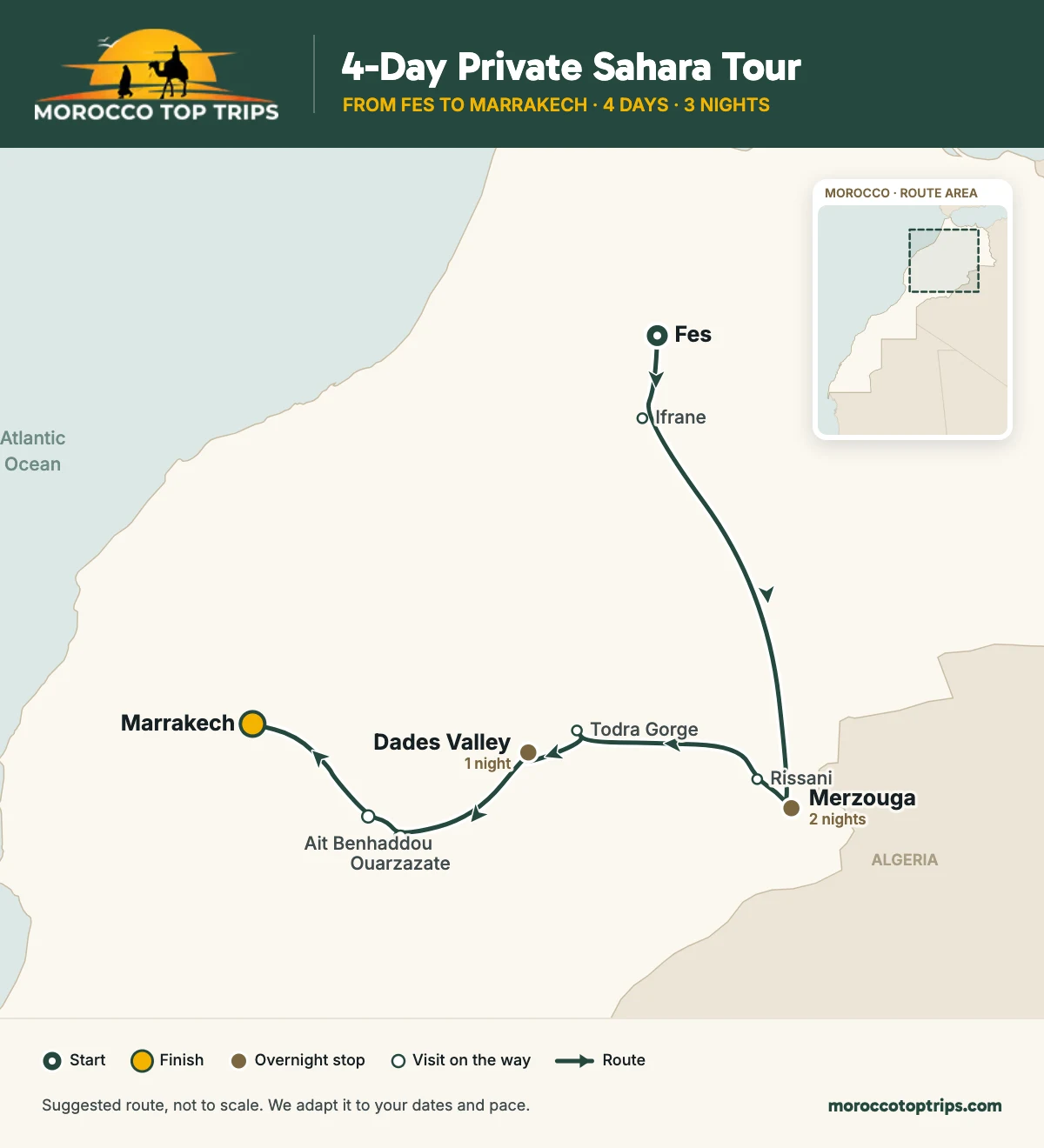 4-Day Private Sahara Tour from Fes to Marrakech route map: overnight stops in Merzouga (2 nights), Dades Valley (1 night)