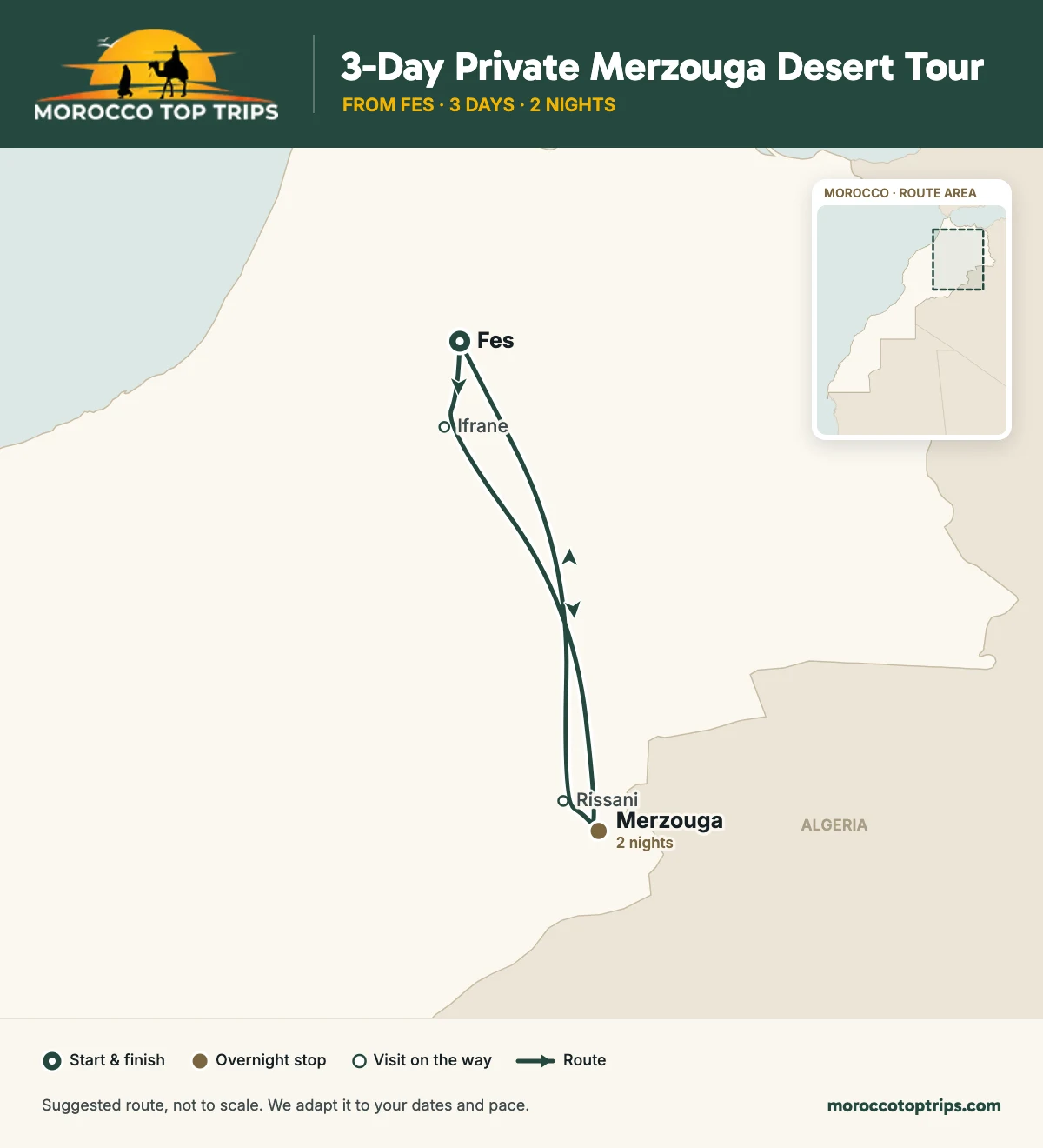 3-Day Private Merzouga Desert Tour from Fes route map: overnight stops in Merzouga (2 nights)